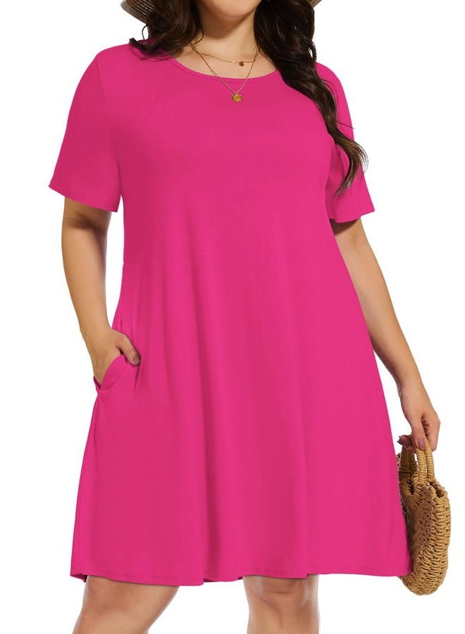elescat Plus Size Summer Dresses for Women Casual Short Sleeve Pockets Loose Oversized T Shirt Sundress, Rose Red, 3XL - Image 1