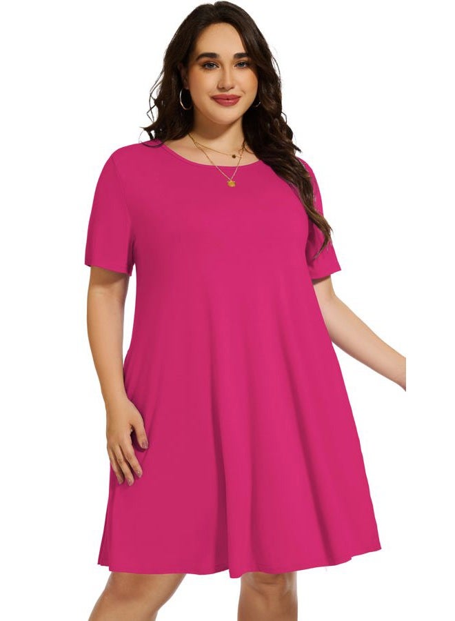 elescat Plus Size Summer Dresses for Women Casual Short Sleeve Pockets Loose Oversized T Shirt Sundress, Rose Red, 3XL - Image 5