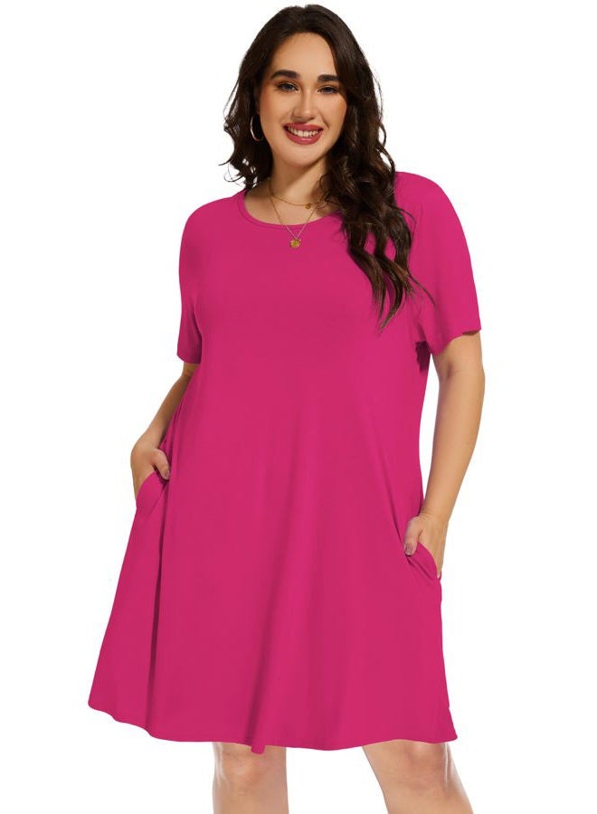 elescat Plus Size Summer Dresses for Women Casual Short Sleeve Pockets Loose Oversized T Shirt Sundress, Rose Red, 3XL - Image 2
