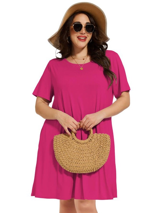 elescat Plus Size Summer Dresses for Women Casual Short Sleeve Pockets Loose Oversized T Shirt Sundress, Rose Red, 3XL - Image 4