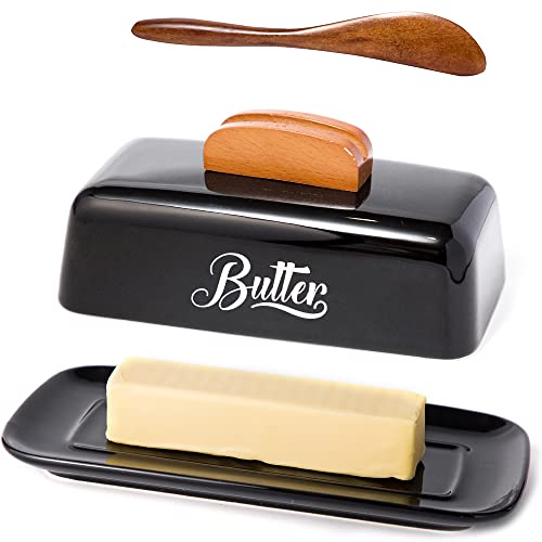 Black Butter Dish with Lid and KnifeBlack Butter TrayCeramic Butter Holder for Counter Humanized Clampable Knife Handle Design Perfect for East West Coast Butter