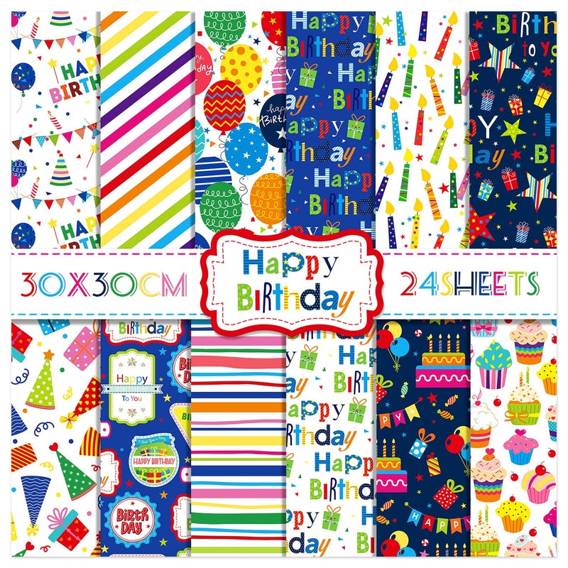 WLXTREE 24 Sheets Happy Birthday Scrapbook Paper Pad,160gsm Textured Double-Sided Pattern Planner Junk Journal Craft Paper,Card Making Supplies,30Ã—30cm - Image 1