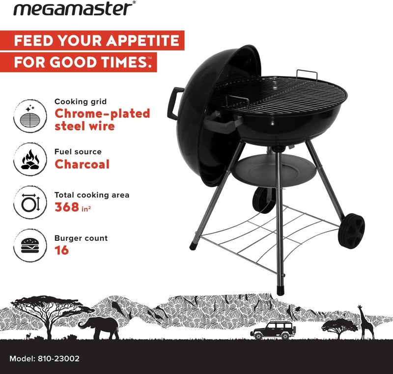 Megamaster 22" Heavy Duty Charcoal Barbecue Grill with Adjustable Air Vent, 354 SQ. In Cooking Area, Storage Rack, 2 Wheeled Portable Grill for Camping, Outdoor Cooking, and More - 810-23002 - Image 2