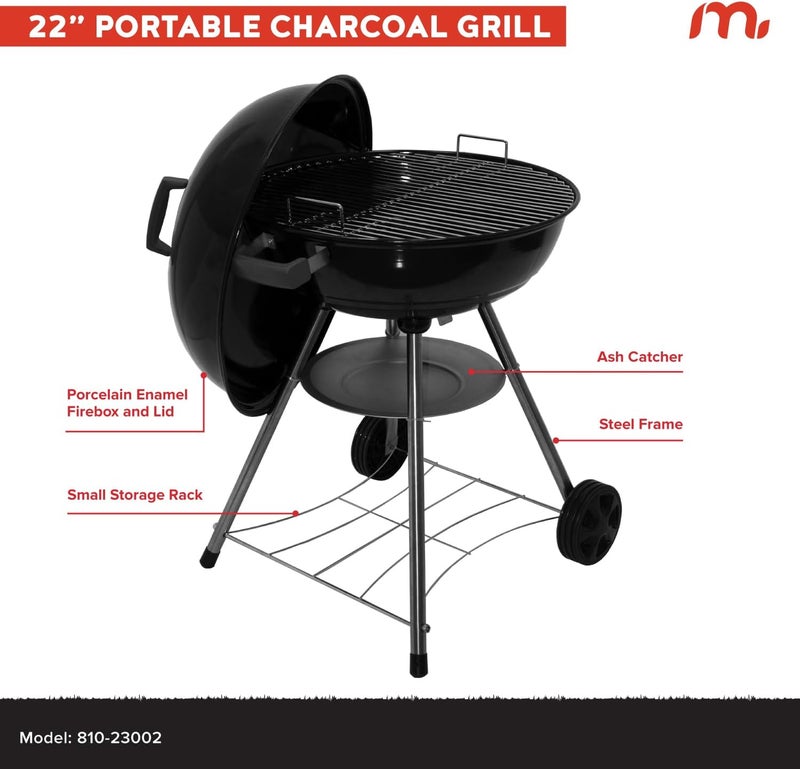 Megamaster 22" Heavy Duty Charcoal Barbecue Grill with Adjustable Air Vent, 354 SQ. In Cooking Area, Storage Rack, 2 Wheeled Portable Grill for Camping, Outdoor Cooking, and More - 810-23002 - Image 3