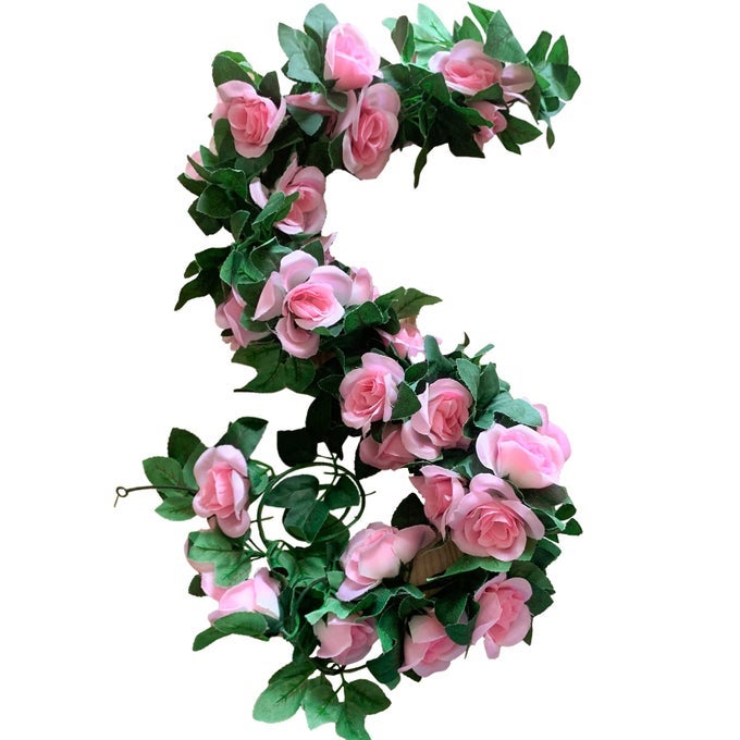 2 PACK ARTIFICIAL ROSE VINE GARLAND FAKE ROSES FLOWERS PLANTS VINES HANGING FLORAL LEAVES DECORATION FOR WEDDING PARTY TABLE GARDEN ARCH WALL HOME ROOM DECORPINK
