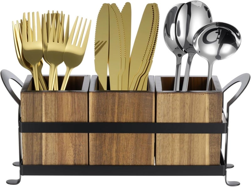 Slow wear optimized quality Silverware Caddy With 3 Removable Compartments, Wooden Cutlery Holder, Countertop Utensil Organizer With Metal Frame, Rustic Spoon Storage Box All condition resistant crafted quality Repeated use resistant selected material Single & bulk storage compatible Budget friendly trendy design Fast & slow shipment compatible Stain resistant Any KSA address orderable Fine detail Local available supply Anti slip Multi-hub shipment dispatch Replaceable parts Reinforced edge Assorted color options Nationwide delivery Fine polished finish High strength upgraded material Gulf approved global quality Fixed & portable compatible Economical varied design options Diverse application fit Global standard processed material Gulf popular simple design Balanced weight - Image 1