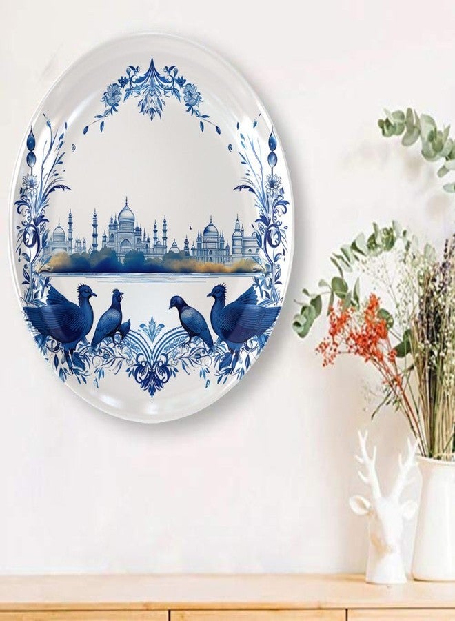WOODHANG Blue & White Indian Cityscape Ceramic Decorative Wall Plate|Traditional Architecture and Birds Home Décor|Perfect Wall Decorative Items for Living Room, Bedroom|10 Inch Decorative Wall Plates - Image 4