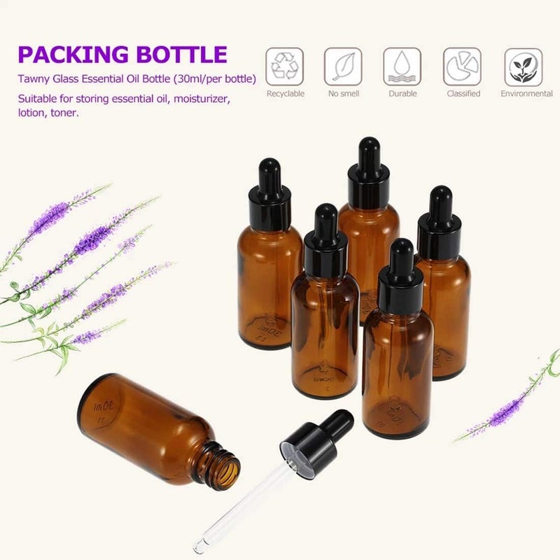 كوزي زجاجة قطارة كهرمانية، زجاجات قطارة عين فارغة مريحة مع قطارة زجاجية، زجاجات زجاجية صغيرة للعينة لموزع الزيوت الأساسية، التدليك، خلط زيوت التجميل (6 قطع | 30 مل) - Image 4