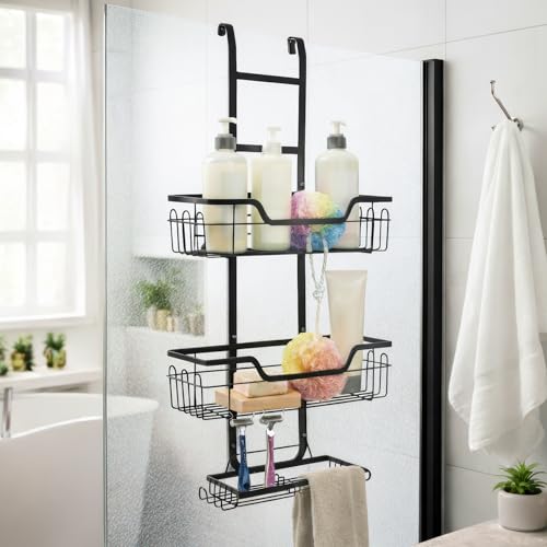 MIORAH Hanging Shower Caddy for Bathroom Aluminium| Bathroom Organiser Without Drill | Bathroom Accessories Storage Organizer Black - Image 1