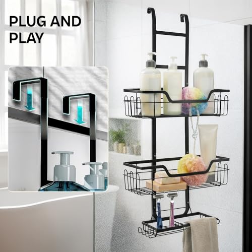 MIORAH Hanging Shower Caddy for Bathroom Aluminium| Bathroom Organiser Without Drill | Bathroom Accessories Storage Organizer Black - Image 4