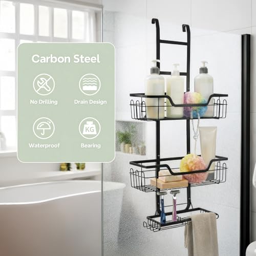 MIORAH Hanging Shower Caddy for Bathroom Aluminium| Bathroom Organiser Without Drill | Bathroom Accessories Storage Organizer Black - Image 5