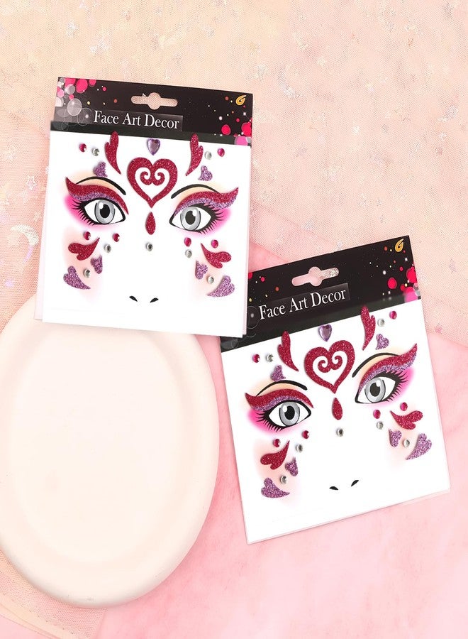 Jacnkb Valentine Face Gems Face Jewels Stickers Red Love Heart Lip Self Adhesive Eye Body Face Nail Hair Crystal Rhinestones for Makeup Festival Glitter Face Art Decor 2Sheets (style6) - Image 2