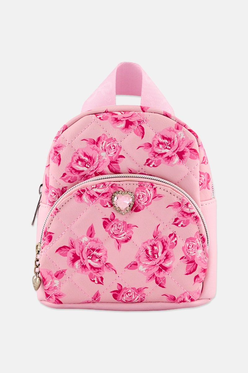OMG Accessories Kids Girl Quilted Rose Printed Micro Mini Backpack, Multicolor - Image 1