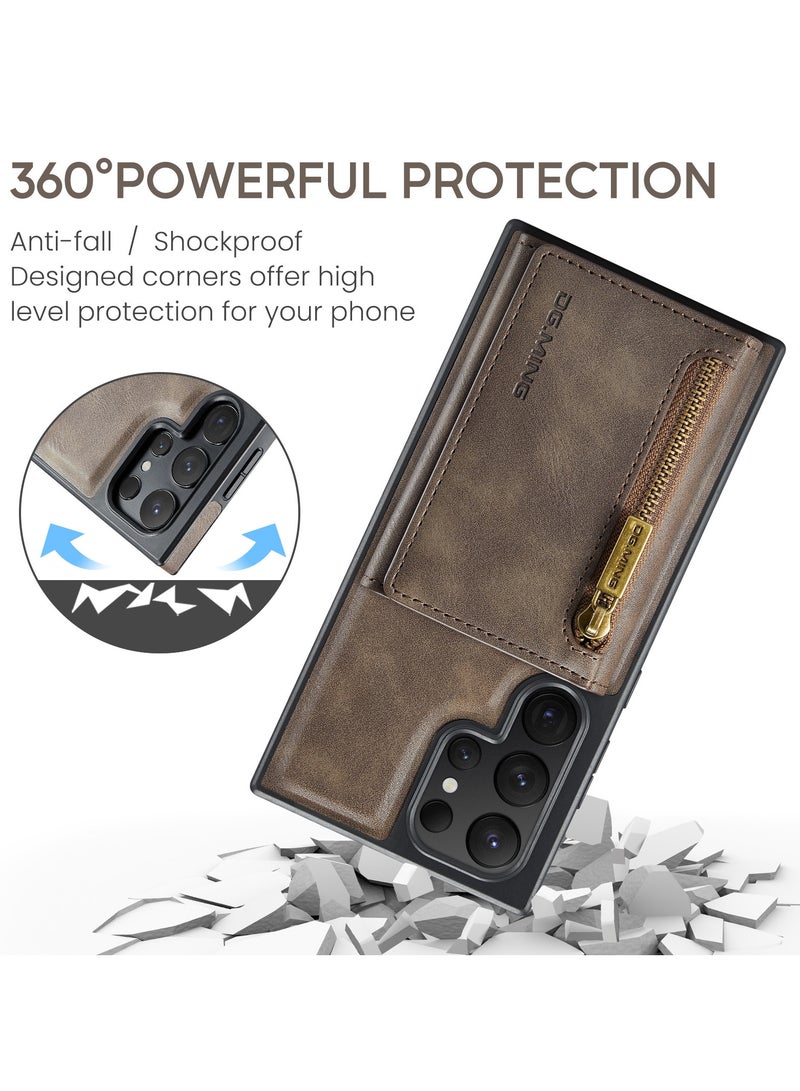 DGMING CaseMe Wallet Case for Samsung Galaxy S24 Ultra DGMING Premium Leather Phone Case Back Cover Magnetic Detachable with Trifold Wallet Card Holder Pocket - Coffee  - Image 2