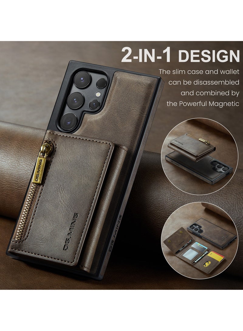 DGMING CaseMe Wallet Case for Samsung Galaxy S24 Ultra DGMING Premium Leather Phone Case Back Cover Magnetic Detachable with Trifold Wallet Card Holder Pocket - Coffee  - Image 3