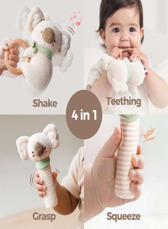 Evoceler 2 PCS Koala Rattles & Shaker Toys with Embroidered Details, Wooden Teething Ring Baby Toys, BPA-Free Sensory Toys for 0-3-6-12 Months, Squeaky Infant Toy, Ideal Baby Shower Boy Girl Gift - Image 4