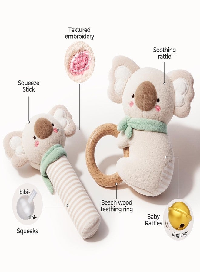 Evoceler 2 PCS Koala Rattles & Shaker Toys with Embroidered Details, Wooden Teething Ring Baby Toys, BPA-Free Sensory Toys for 0-3-6-12 Months, Squeaky Infant Toy, Ideal Baby Shower Boy Girl Gift - Image 3