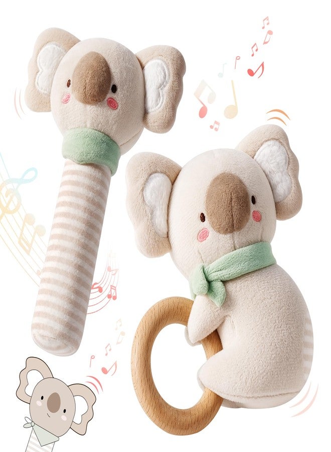 Evoceler 2 PCS Koala Rattles & Shaker Toys with Embroidered Details, Wooden Teething Ring Baby Toys, BPA-Free Sensory Toys for 0-3-6-12 Months, Squeaky Infant Toy, Ideal Baby Shower Boy Girl Gift - Image 1