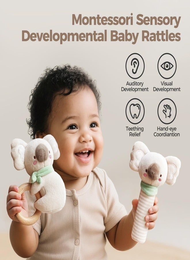 Evoceler 2 PCS Koala Rattles & Shaker Toys with Embroidered Details, Wooden Teething Ring Baby Toys, BPA-Free Sensory Toys for 0-3-6-12 Months, Squeaky Infant Toy, Ideal Baby Shower Boy Girl Gift - Image 2