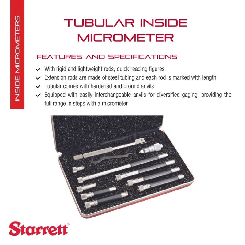 Starrett Tubular Inside Micrometer Set with Case QuickReading Figures Hardened Interchangeable and Ground Anvils  1512 Range 001 Graduations  823BZ - Image 2