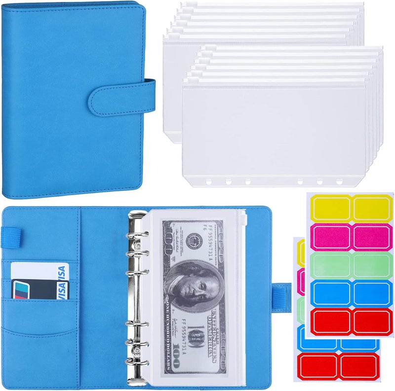 Antner A6 Budget Binder with Zipper Cash Envelopes for Money Organizer & Budgeting, PU Leather Budget Planner Money Saving Binder with Cash Stuffing Envelopes & Labels for Home Office Travel, Sky Blue - Image 1