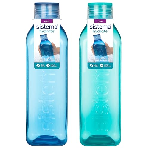 Sistema Square Water Bottles | 1L | Leakproof Kids Water Bottles | BPA-Free | Ocean Blue & Minty Teal | 2 Count - Image 1