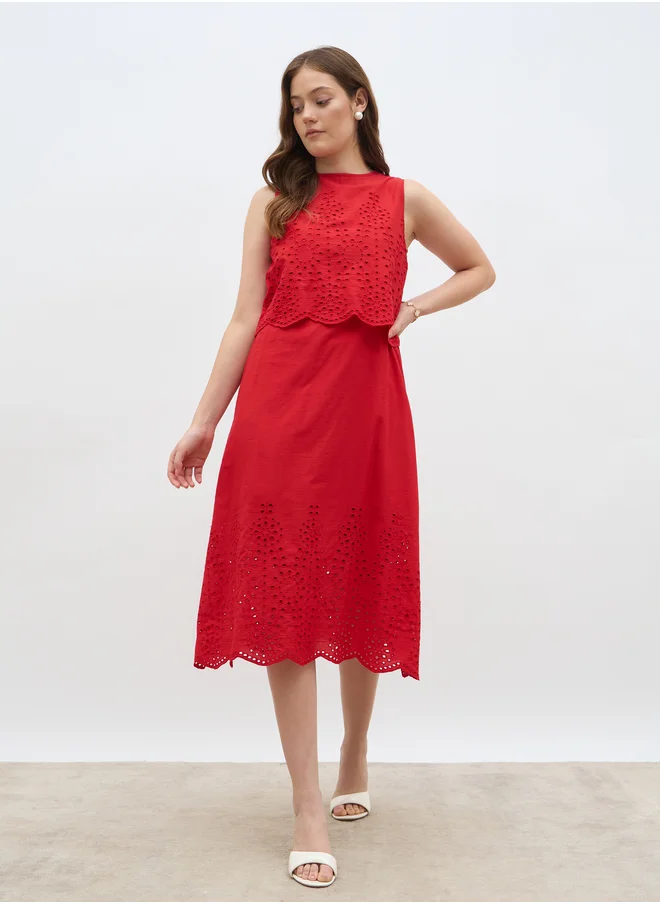 ستايلي Styli Women Red Schiffli Sleeveless A-Line Midi Dress