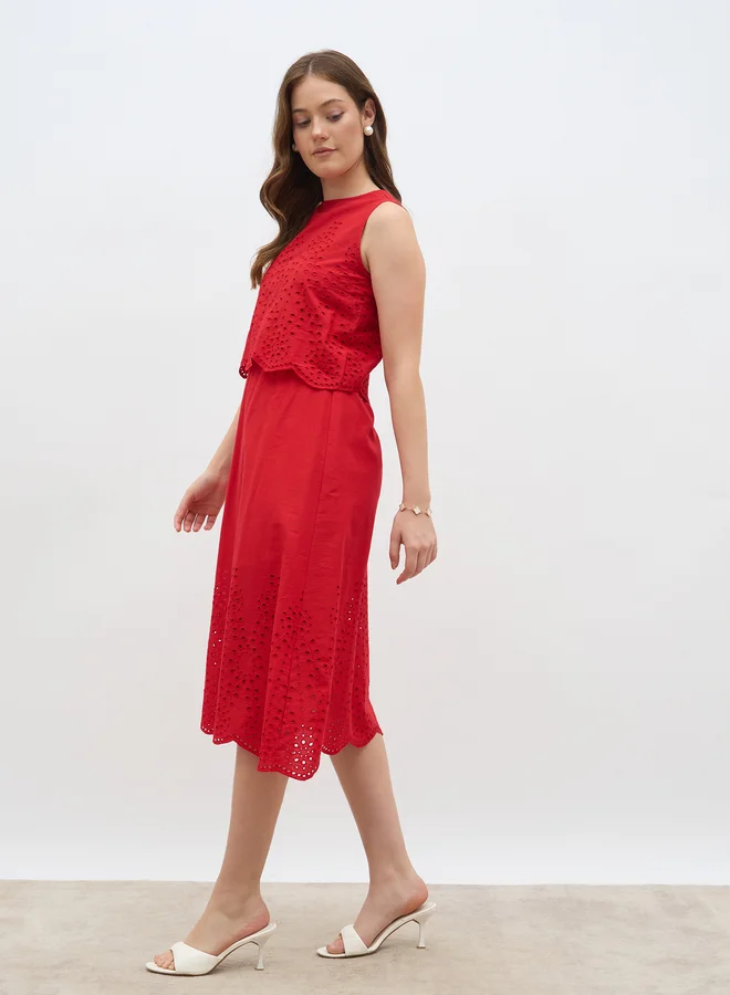 Styli Styli Women Red Schiffli Sleeveless A-Line Midi Dress