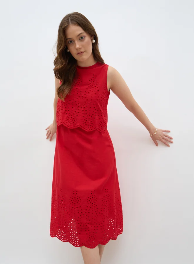Styli Styli Women Red Schiffli Sleeveless A-Line Midi Dress