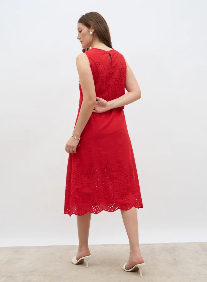 Styli Styli Women Red Schiffli Sleeveless A-Line Midi Dress