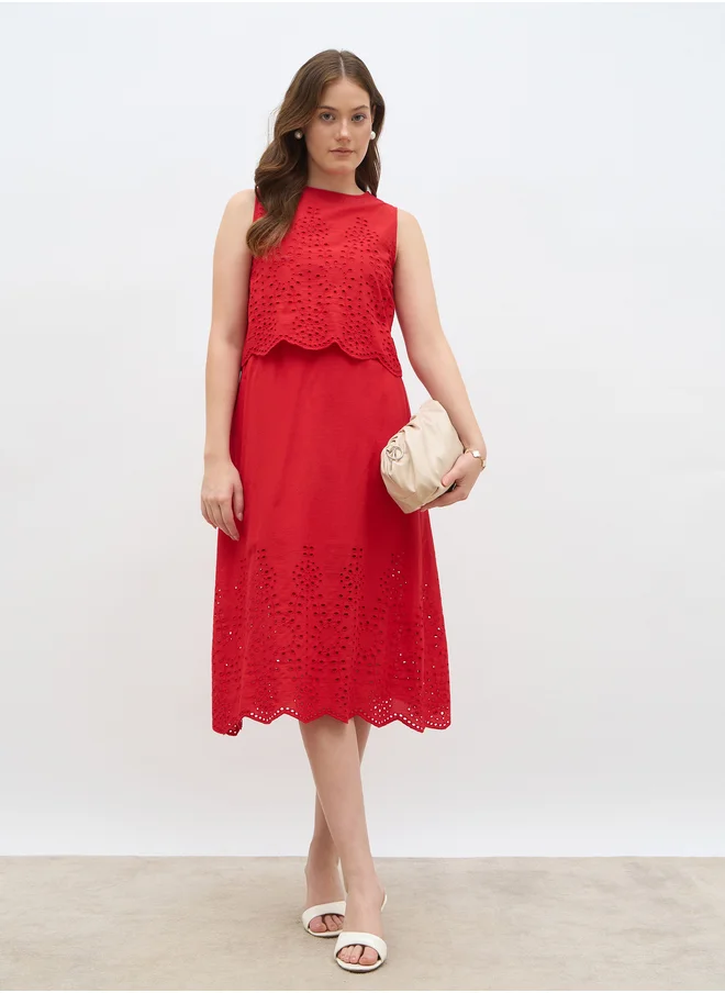 ستايلي Styli Women Red Schiffli Sleeveless A-Line Midi Dress