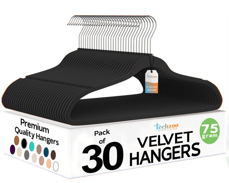 Techzoo Premium Velvet Hangers 30 Pack Ultra Thin Non Slip Adult Felt Space Saving Suit Hanger for Closet Heavy Duty Coat Pants Jackets Dress Hangers 360Â° Swivel Hook Hold Upto 10 lbs Black - Image 1