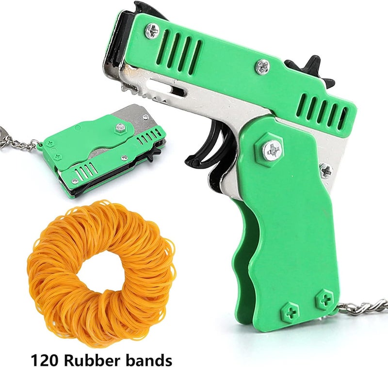 cheekyglo 1/4Pcs Rubber Band Gun Toy, Cool Keychain Rubber Band Mini Metal Folding Rubber Launcher with 120/480 Elastic Rubber Bands for Shooting Game Outdoor Activities - Image 2