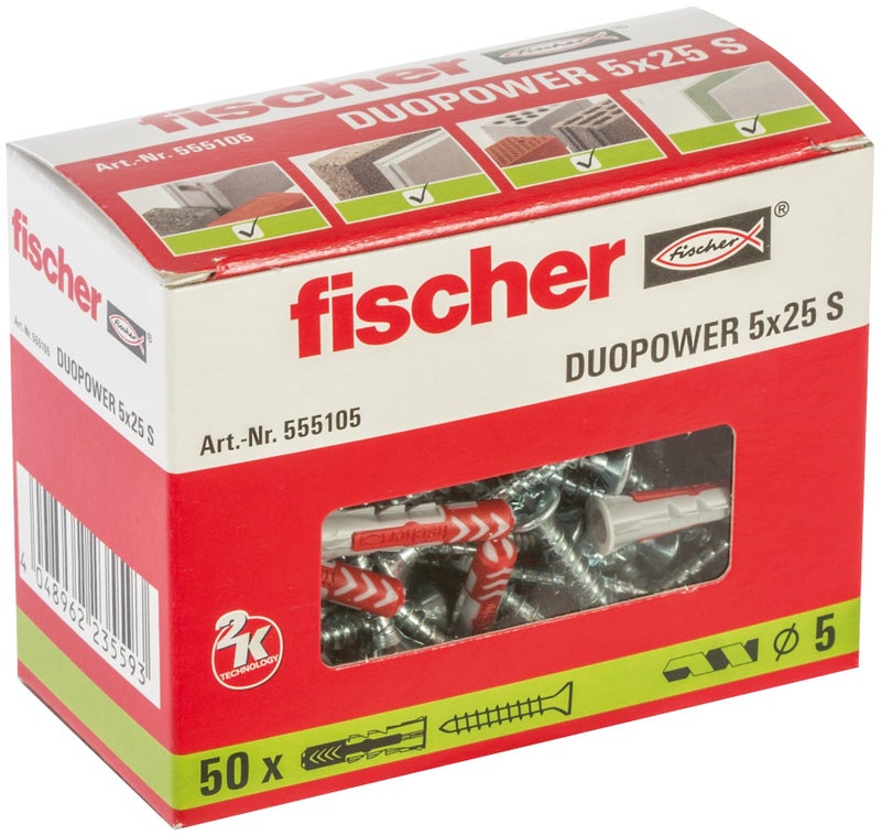 fischer DuoPower 316 x 1 5x25mm S 50 Plugs 50 Screws Metric Version Powerful Universal Plug with Intelligent 2Component Technology for Fastenings in Concrete Bricks Drywall Chipboard
