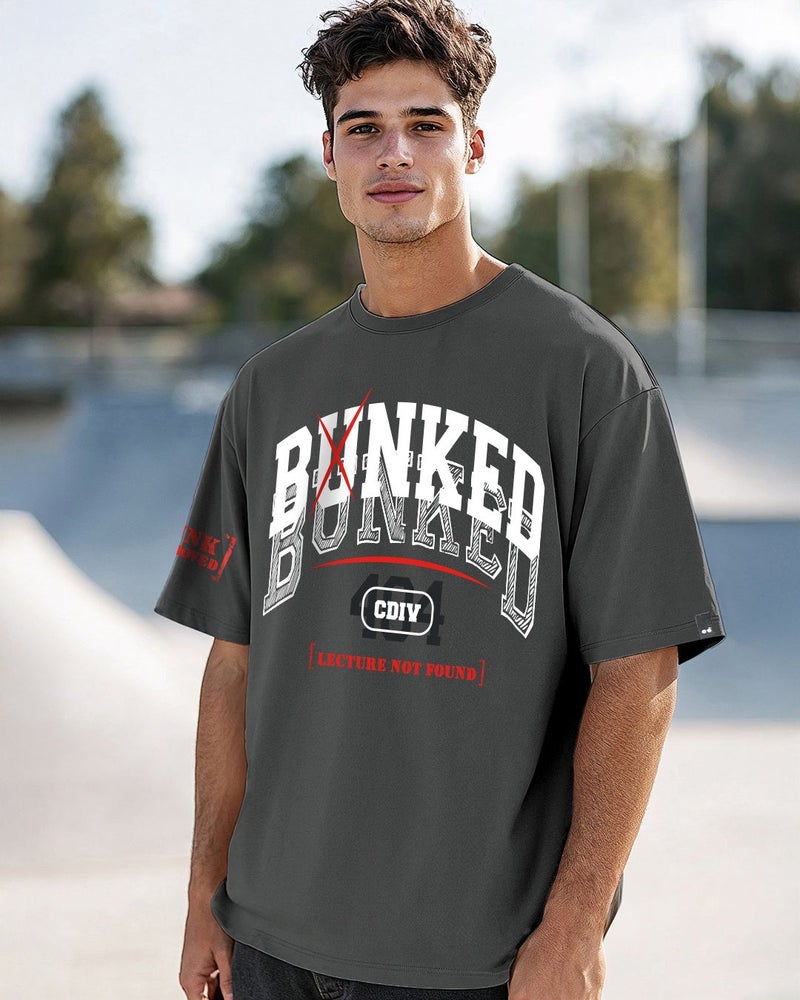 bewakoof Men's Grey Bunked Typography Oversized T-shirt - Image 1