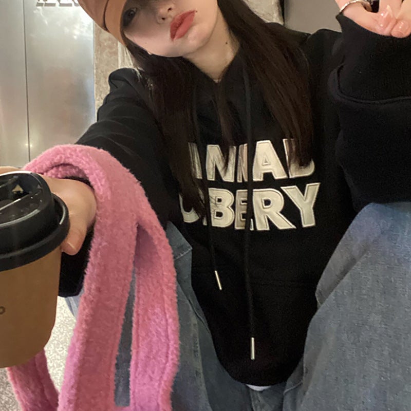 Plush Hoodie Women Autumn Winter Loose Korean New Ladies Student Top 02 Black - Image 1
