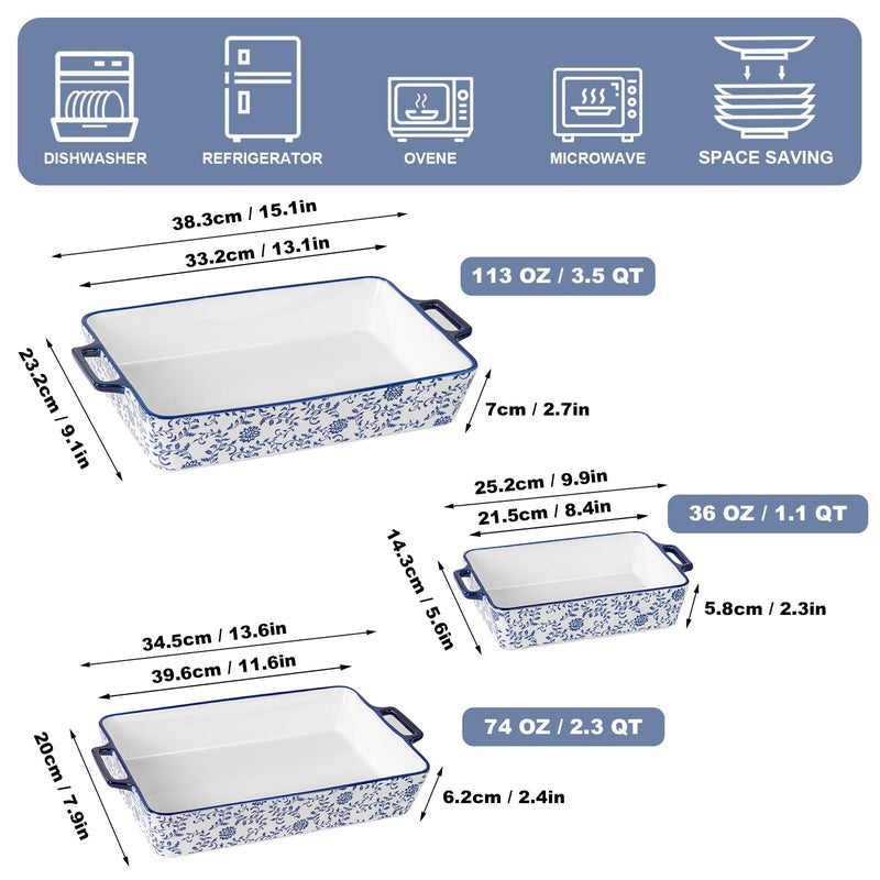 Cerkik Ceramic Bakeware Set - Casserole Dish Baking Dishes for Oven - Rectangular Lasagna Pans with Handles for Kitchen Cooking - Microwave & Dishwasher Safe - Set of 3 (15.1''/13.6''/9.9'') - Blue - Image 3