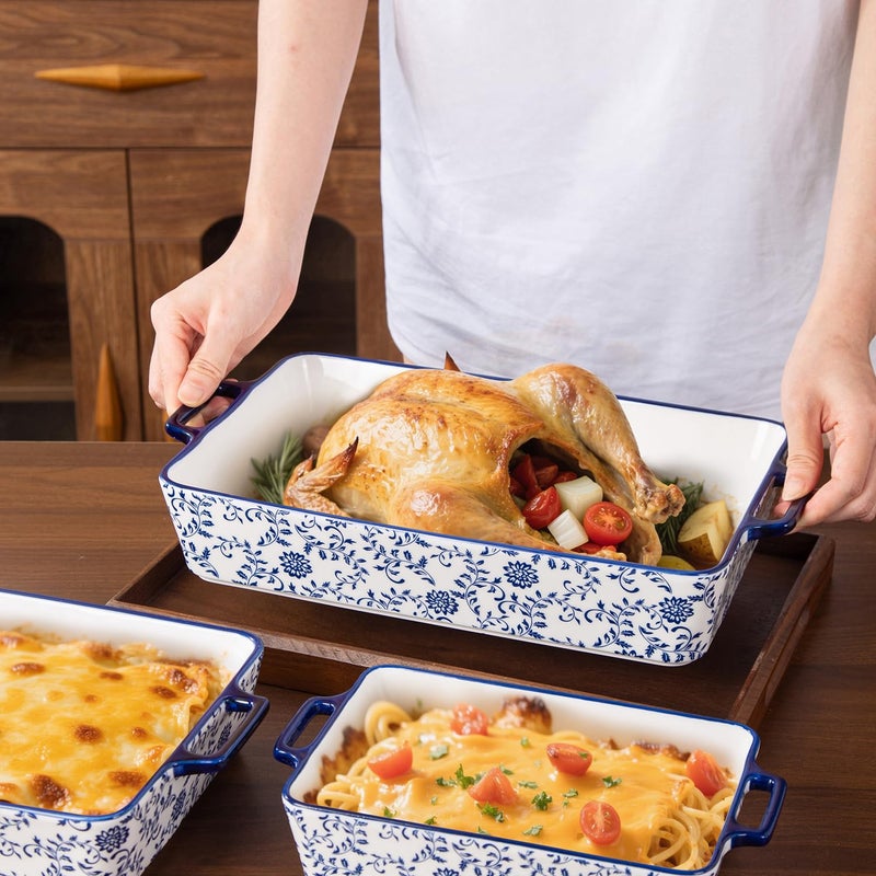 Cerkik Ceramic Bakeware Set - Casserole Dish Baking Dishes for Oven - Rectangular Lasagna Pans with Handles for Kitchen Cooking - Microwave & Dishwasher Safe - Set of 3 (15.1''/13.6''/9.9'') - Blue - Image 2
