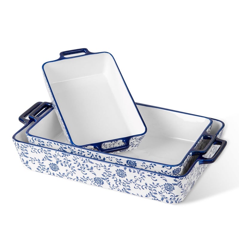Cerkik Ceramic Bakeware Set - Casserole Dish Baking Dishes for Oven - Rectangular Lasagna Pans with Handles for Kitchen Cooking - Microwave & Dishwasher Safe - Set of 3 (15.1''/13.6''/9.9'') - Blue - Image 1