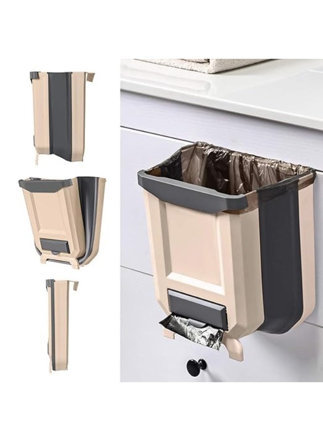 Foldable Hanging Trash Bin – Space-Saving Design for Kitchen and Home Use (Brown) – Small Size - Image 1