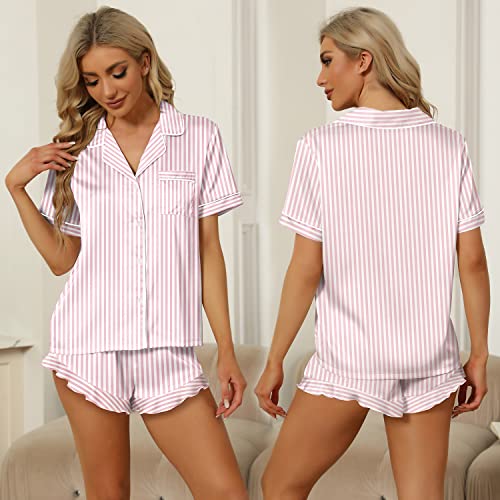SAPJON Satin Silk Pajamas for Women 2Pcs Ruffle Notch Collar Sleepwear Button Down Short Sleeve Shorts Pjs Set Loungewear - Image 2