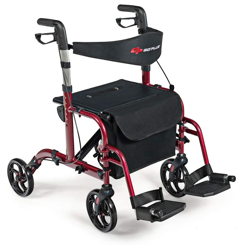 GOPLUS 2 in 1 Rollator Walkers for Seniors, Folding Rollator Walker with Seat, 8-inch Wheel Medical Drive Walker Wheelchair Combo with Backrest, Adjustable Handle for Adults, Aluminium Frame - Image 1
