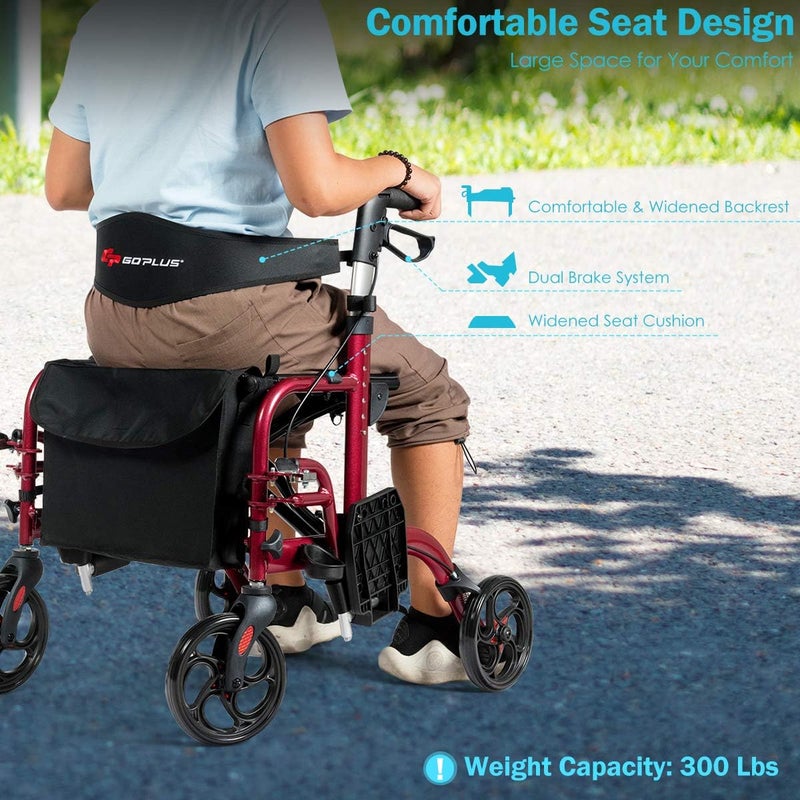 GOPLUS 2 in 1 Rollator Walkers for Seniors, Folding Rollator Walker with Seat, 8-inch Wheel Medical Drive Walker Wheelchair Combo with Backrest, Adjustable Handle for Adults, Aluminium Frame - Image 3