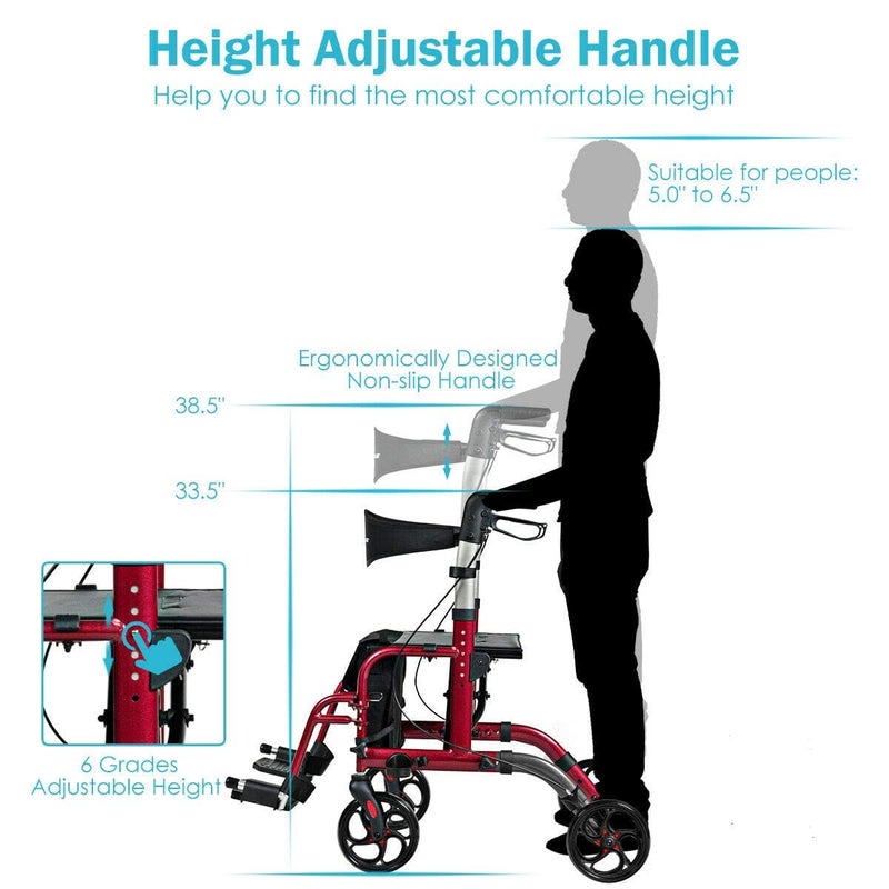 GOPLUS 2 in 1 Rollator Walkers for Seniors, Folding Rollator Walker with Seat, 8-inch Wheel Medical Drive Walker Wheelchair Combo with Backrest, Adjustable Handle for Adults, Aluminium Frame - Image 5