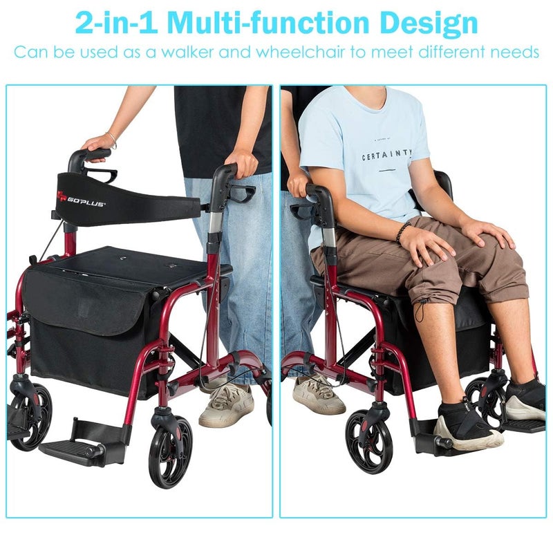 GOPLUS 2 in 1 Rollator Walkers for Seniors, Folding Rollator Walker with Seat, 8-inch Wheel Medical Drive Walker Wheelchair Combo with Backrest, Adjustable Handle for Adults, Aluminium Frame - Image 4