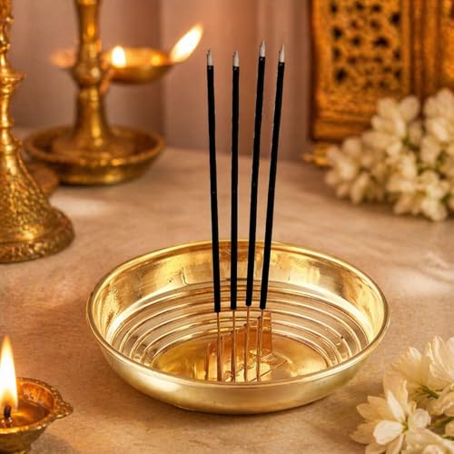 SACCH Pure Brass Agarbatti Stand with 5 Holes | 10.2cm Wide Ash Catcher Tray | Mess-Free Incense Holder for Pooja & Gifting | Small Brass Pooja Accessories (Standard ~35g, Pack of 1) - Image 1