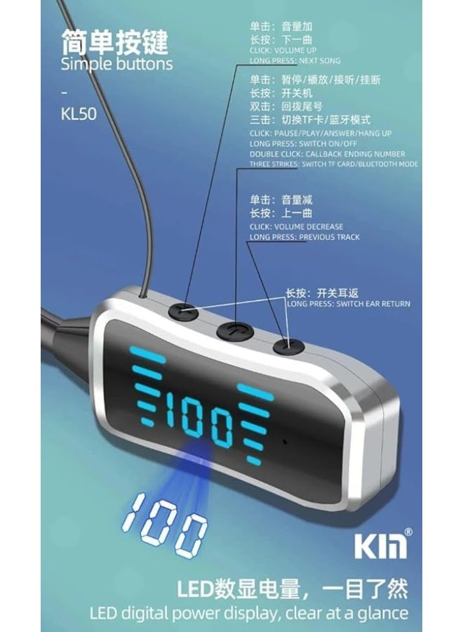 Kin KL50 Bluetooth Neckband Earphones, 48 Hours Playtime, LED Display, TF Card Support Black - Image 3