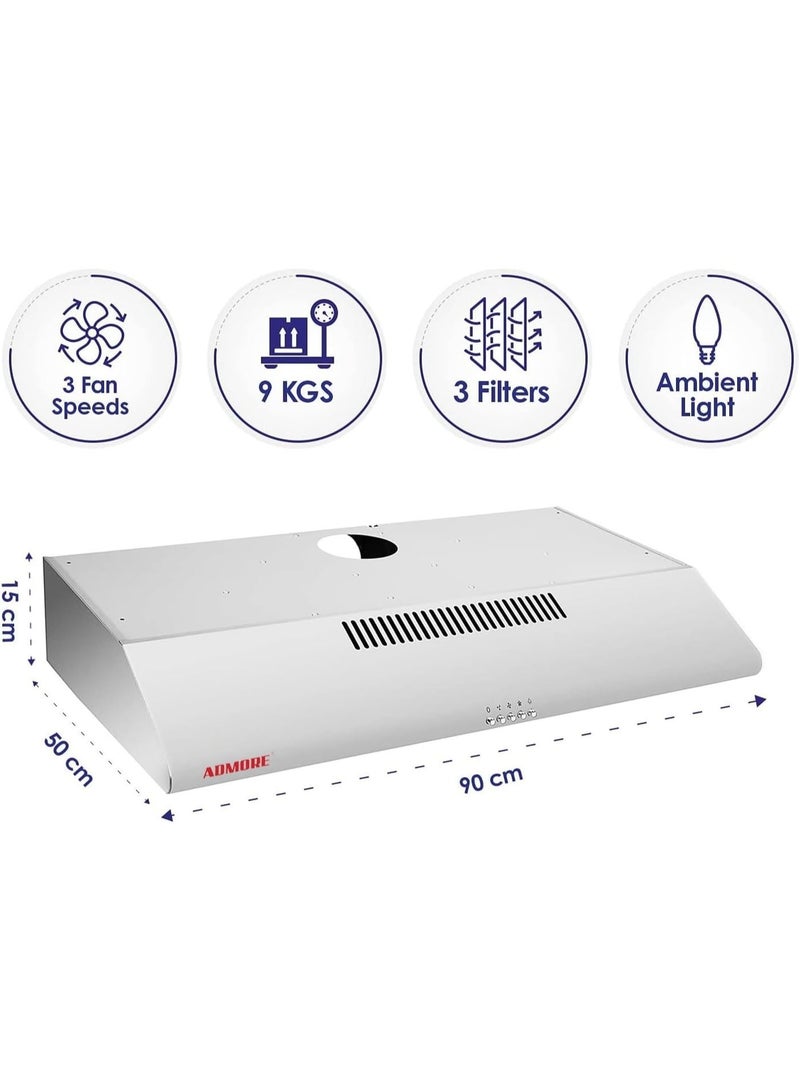 Admore 90cm Slim Cooker Hood (White) - Under Cabinet Range Hood with 3-Speed Fan, 2 LED Lights & Carbon Filter - Convertible (Ducted or Recirculating) - Image 2