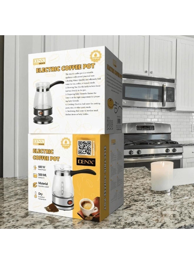 DENX Electric Coffee Maker DX3418 – 500ml Turkish Coffee Pot with 600W Heating, Stainless Steel Base, Glass Pot, Ergonomic Handle, Modern Design, Black & Clear Coffee Jug for Home & Office - Image 4