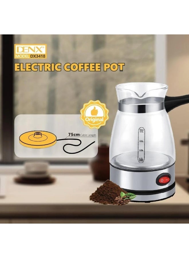 DENX Electric Coffee Maker DX3418 – 500ml Turkish Coffee Pot with 600W Heating, Stainless Steel Base, Glass Pot, Ergonomic Handle, Modern Design, Black & Clear Coffee Jug for Home & Office - Image 2